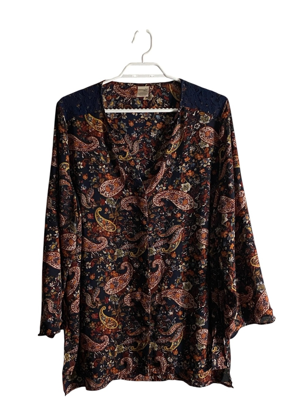 Terra & Sky Women's Navy Paisley V-Neck Blouse with Rust & Gold Accents